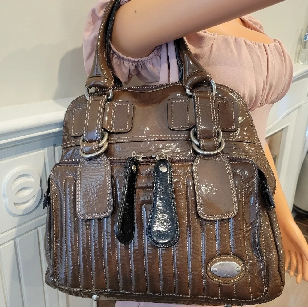 Chloe Bay Quilted Patent Leather Satchel Bag.